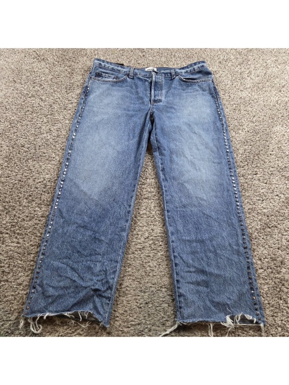 Askk Ny Jeans Womens 34 Low Rise Straight Leg Denim Studded Dark Wash Raw Hem